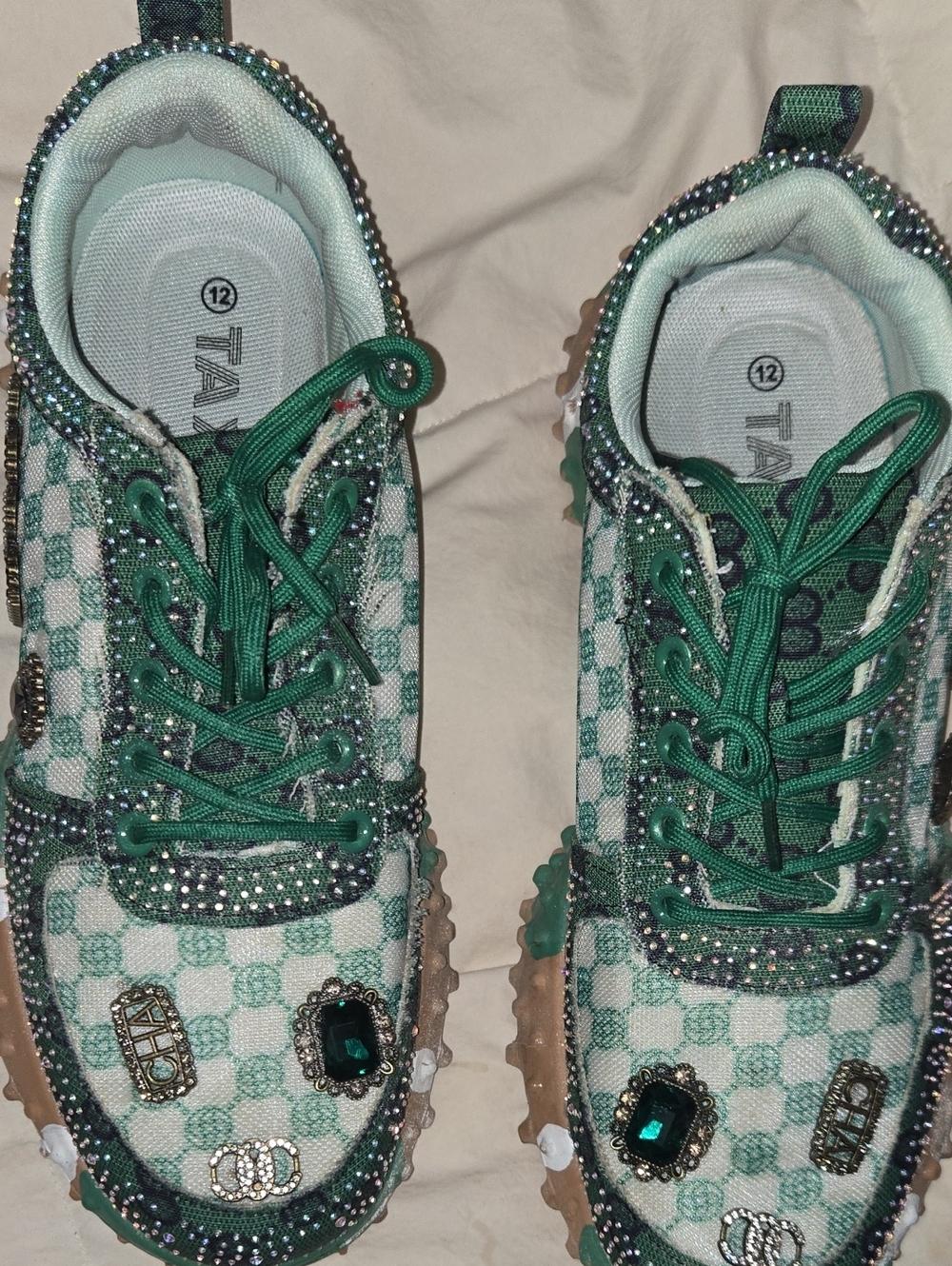 Women’s Athletic Sneakers in Green and Cream with Embellishments